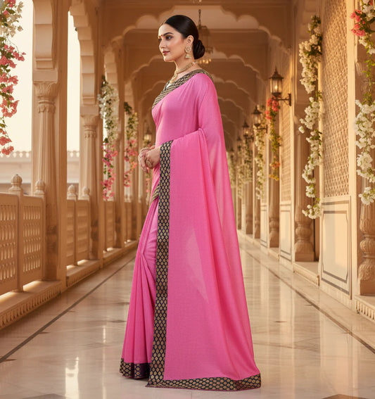 Pink Chanderi Cotton Lace Border Saree