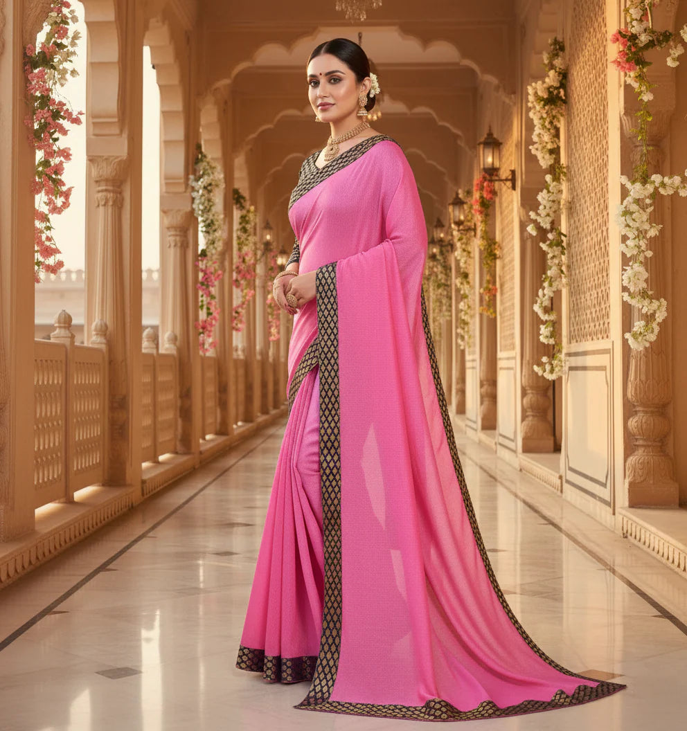 Pink Chanderi Cotton Lace Border Saree