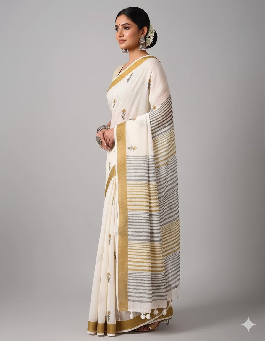 Off White Mughal Cotton Saree