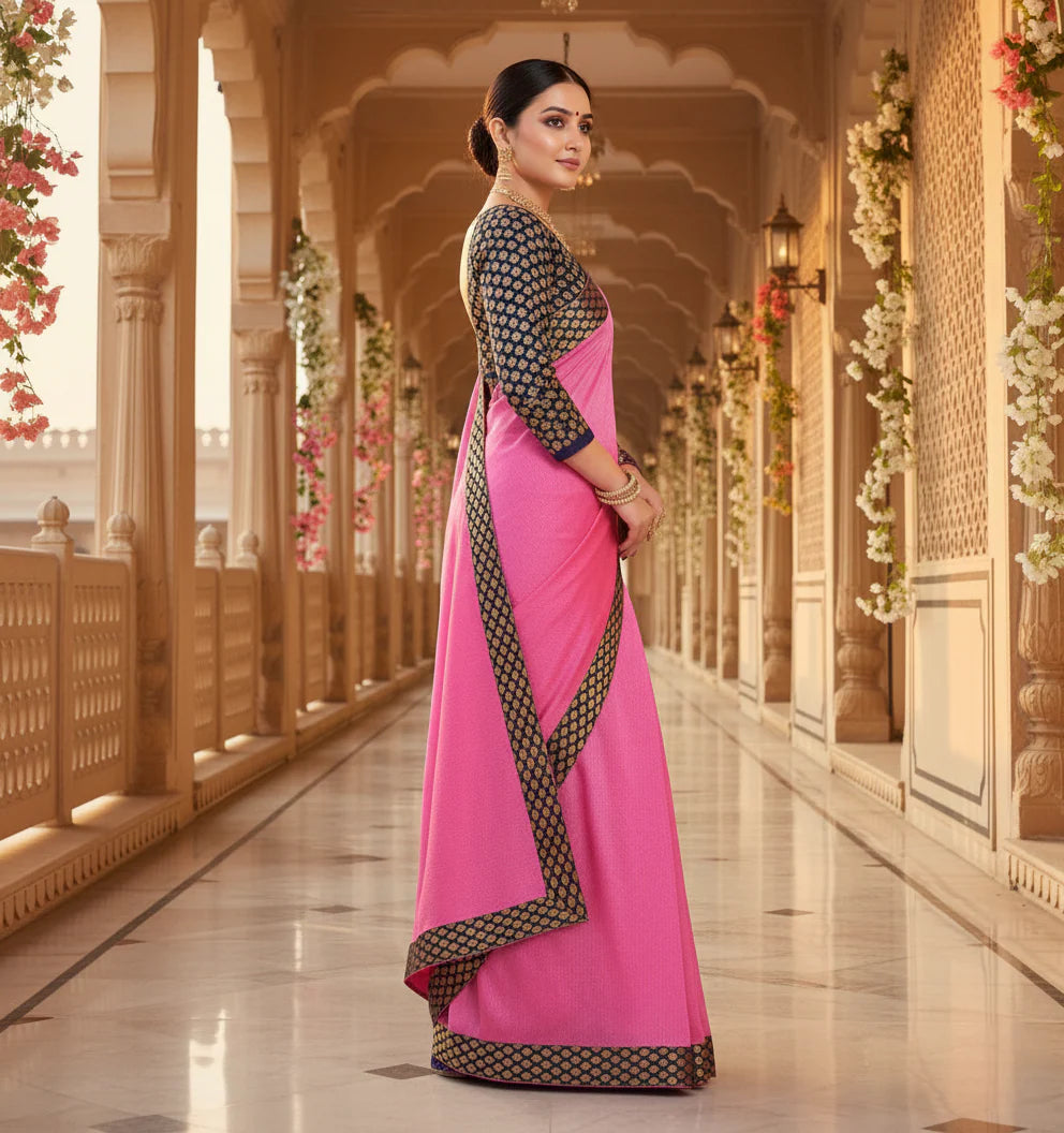 Pink Chanderi Cotton Lace Border Saree