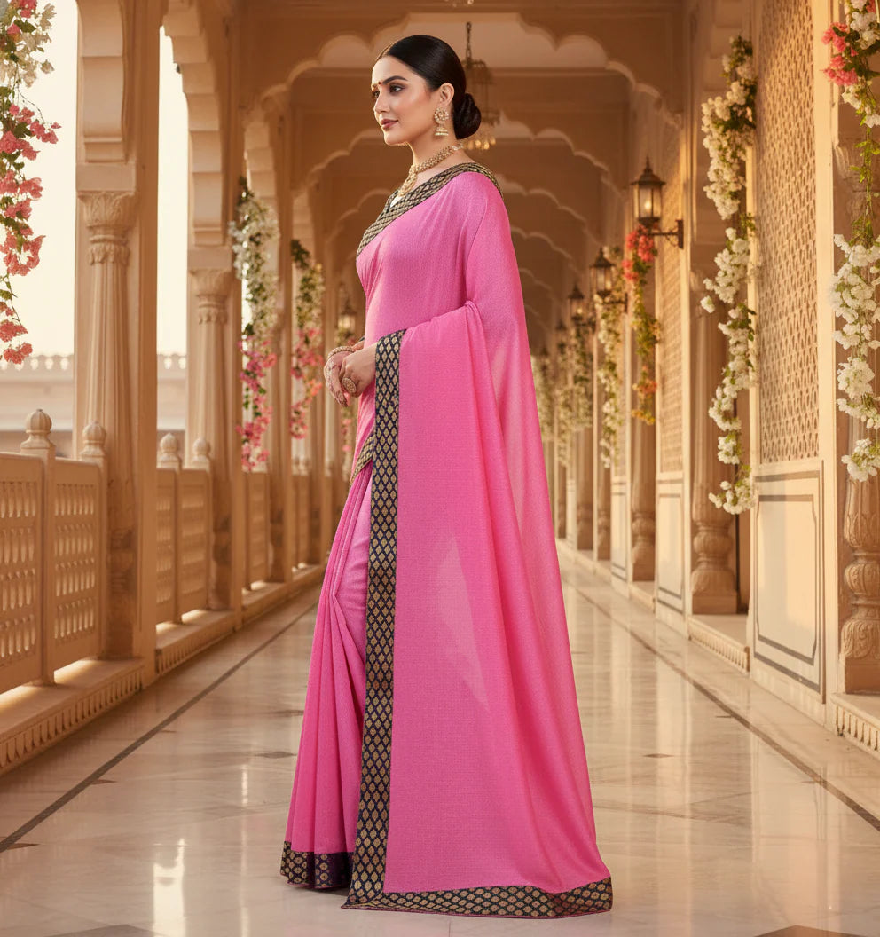 Pink Chanderi Cotton Lace Border Saree