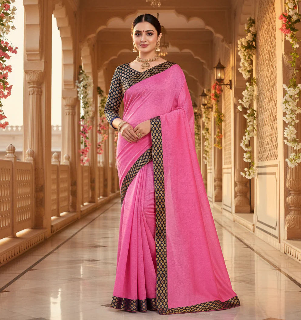 Pink Chanderi Cotton Lace Border Saree