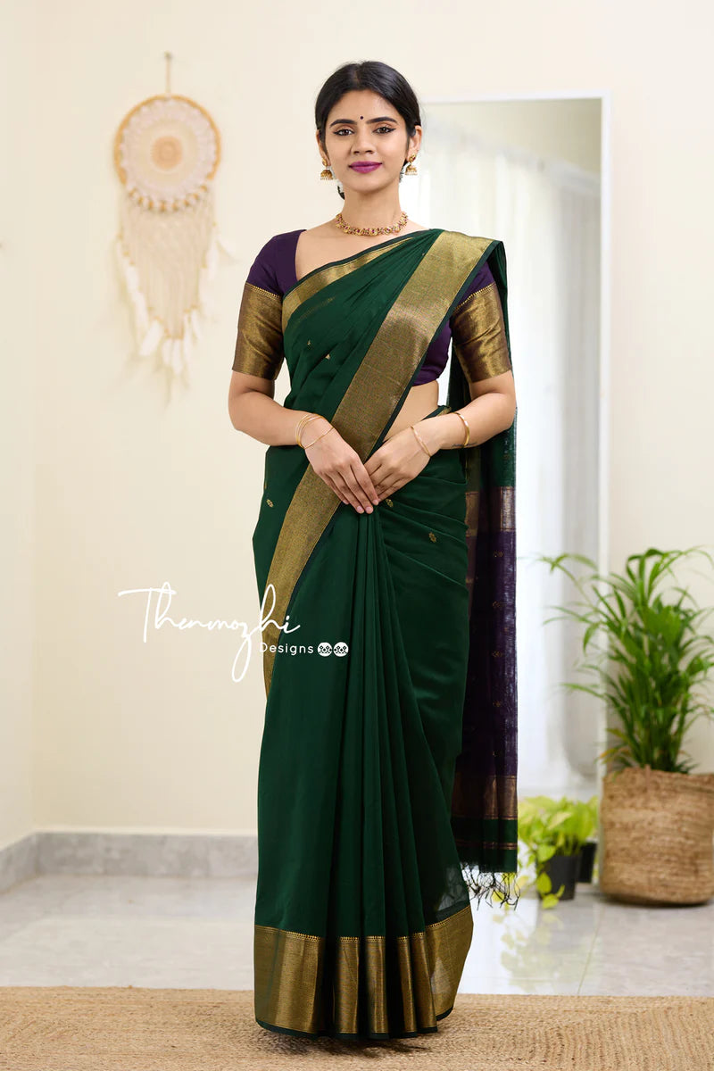 Green Maheshwari Silk Handloom Cotton Saree