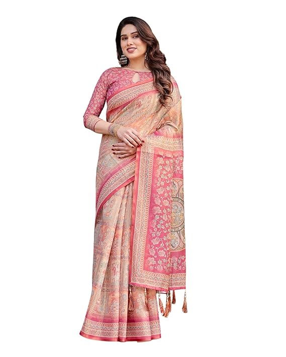 Handloom Cotton Floral Printed Saree with Tassels on Edges & Attached Blouse