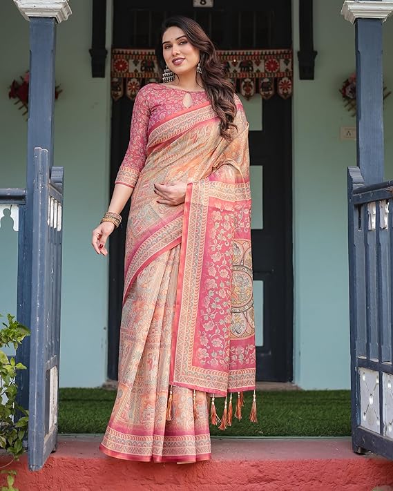 Handloom Cotton Floral Printed Saree with Tassels on Edges & Attached Blouse