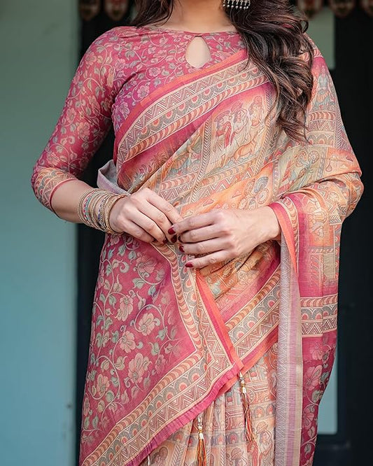 Handloom Cotton Floral Printed Saree with Tassels on Edges & Attached Blouse