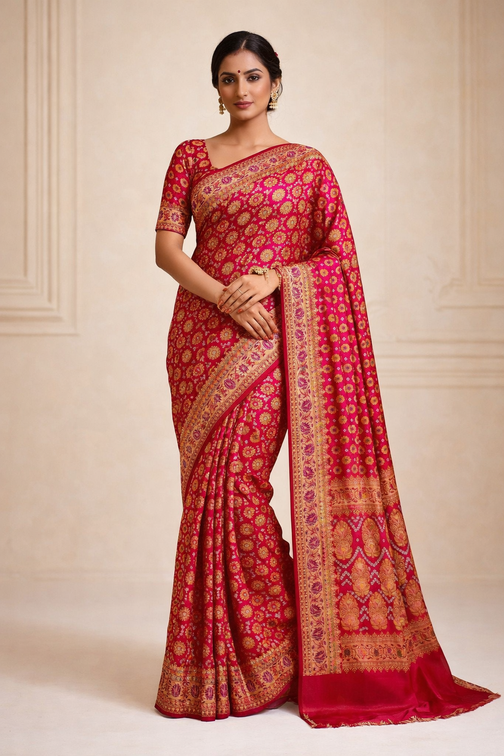 Bandhani Saree All Over Peach Color Dupion Silk Bandhani Saree