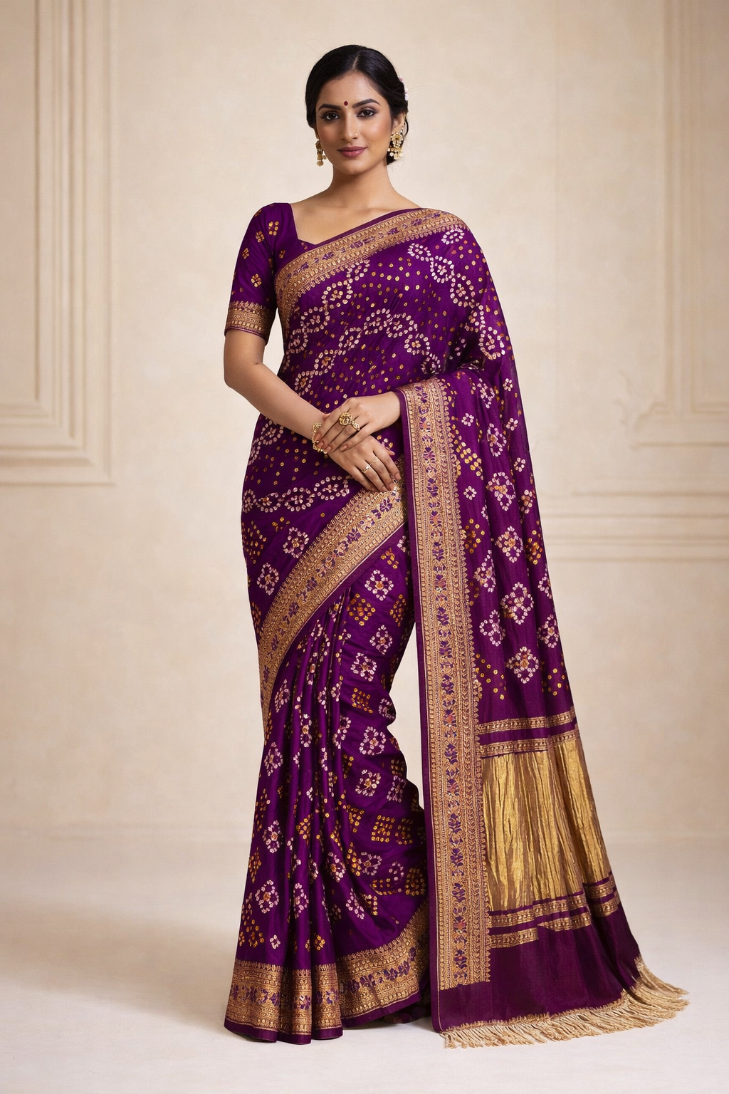 Bandhani Saree All Over Purple Color Art Gaji Silk Bandhani Saree