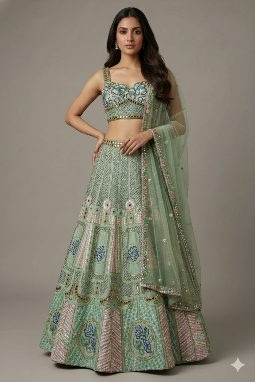 Pista Green Silk Sequin and Cutdana Worked Lehenga