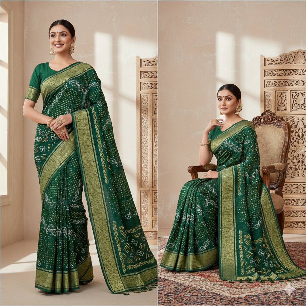 Bandhani Saree All Over Green Color Art Gaji Silk Bandhani Saree