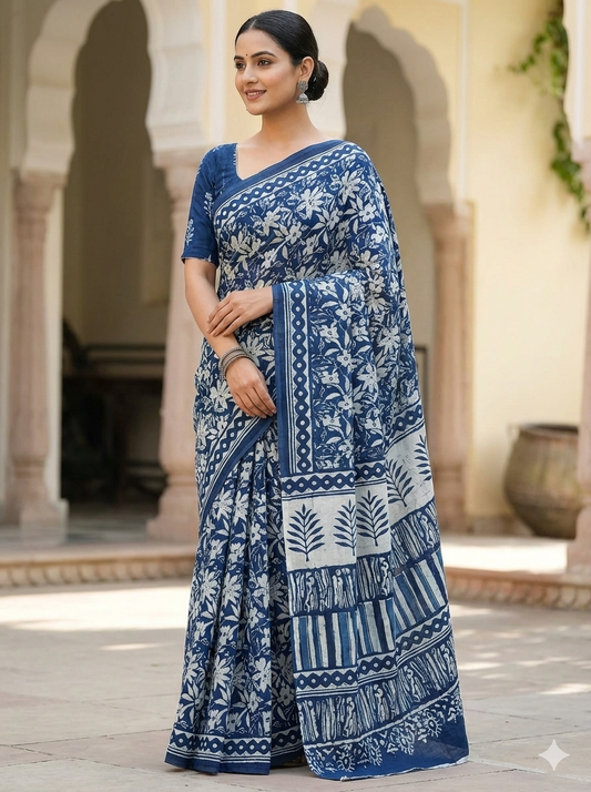 Blue Bagru Print Cotton Mulmul Saree