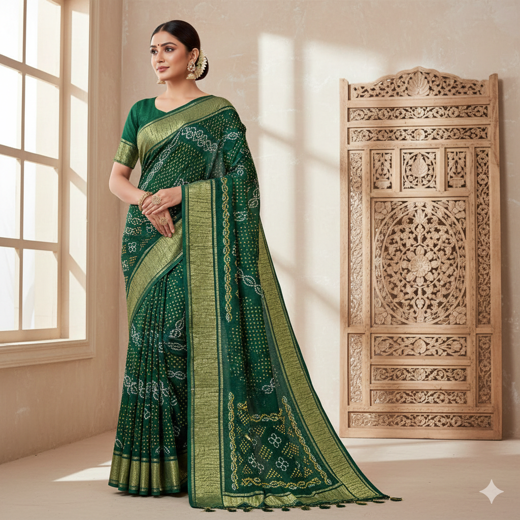 Bandhani Saree All Over Green Color Art Gaji Silk Bandhani Saree