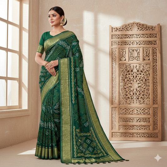 Bandhani Saree All Over Green Color Art Gaji Silk Bandhani Saree