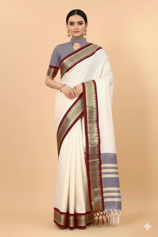 VILLAGIUS Woven Kanjivaram Pure Silk Saree (Cream)