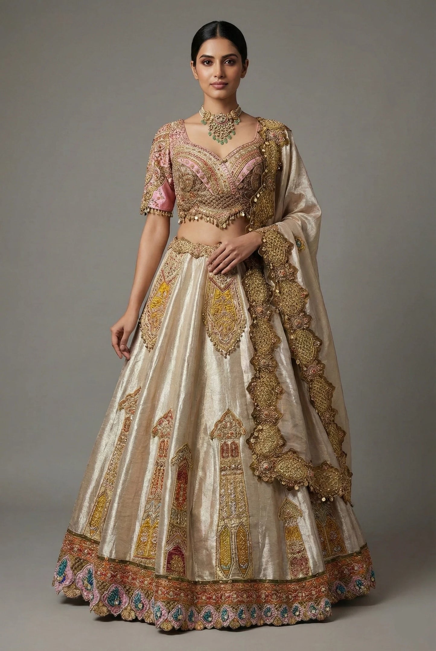 Golden Tissue Silk Desginer Embroidered and Zardosi Patch Worked Lehenga