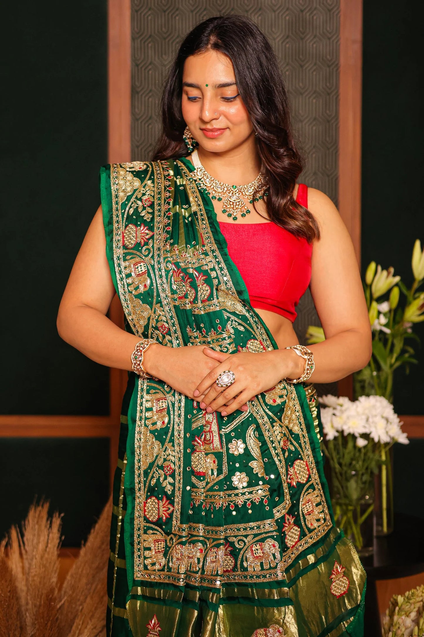 Green Gaji Silk Traditional Gharchola Saree with Zardosi Work