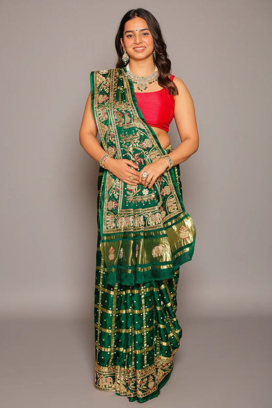 Green Gaji Silk Traditional Gharchola Saree with Zardosi Work