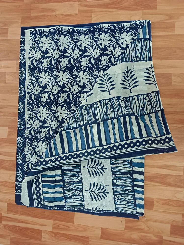 Blue Bagru Print Cotton Mulmul Saree