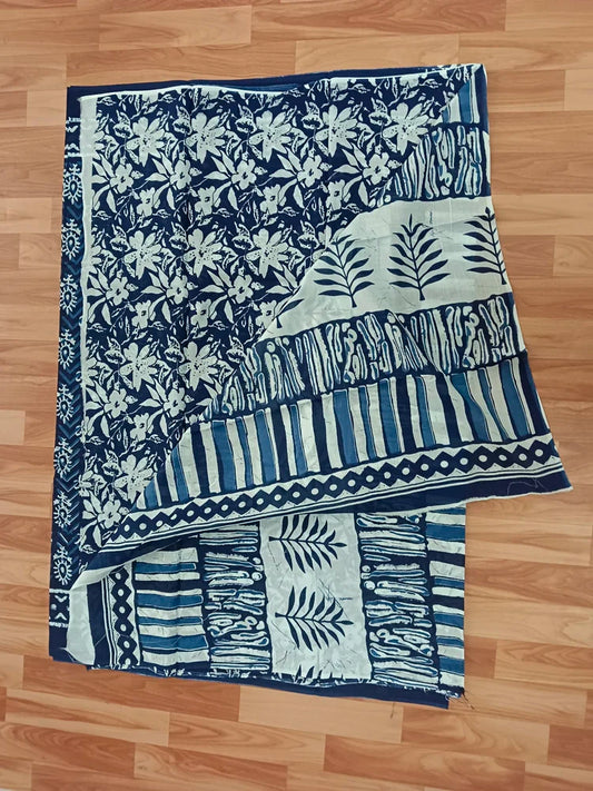 Blue Bagru Print Cotton Mulmul Saree