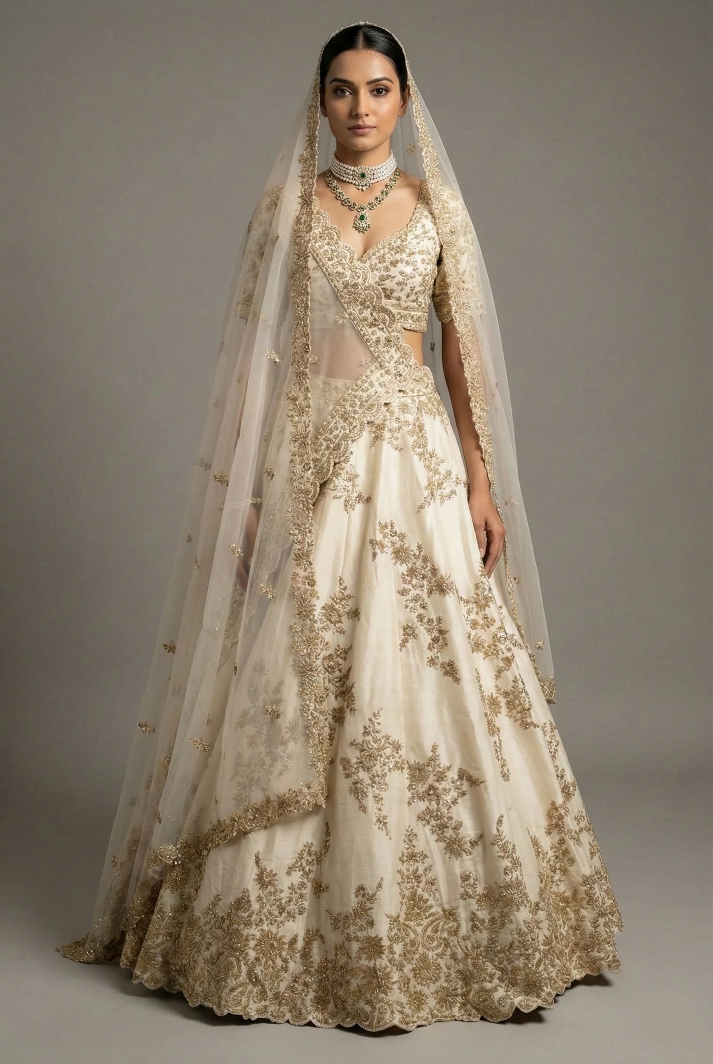 Pearl White Raw Silk Designer Zardosi Worked Lehenga with Double Dupatta